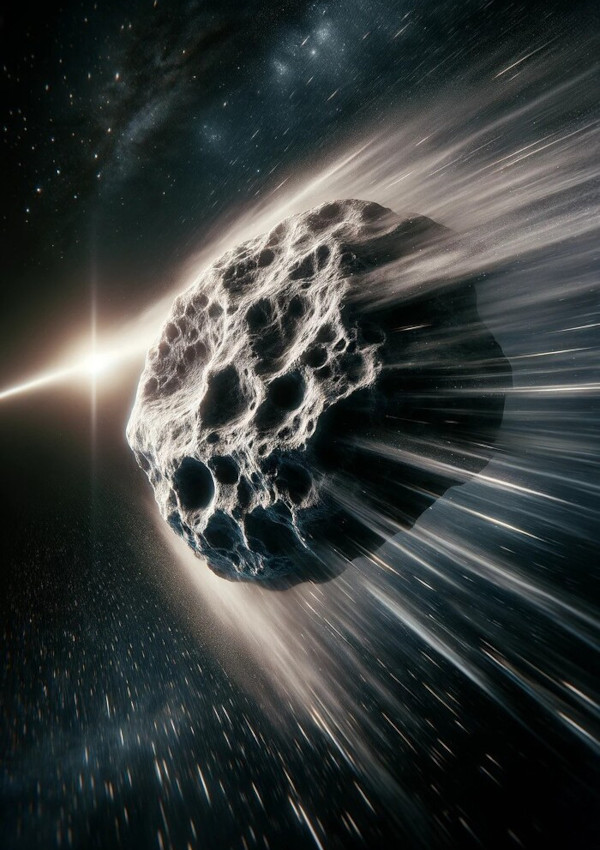 An asteroid flying through space